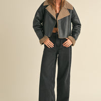 Faux Leather Sherpa Collar Jacket