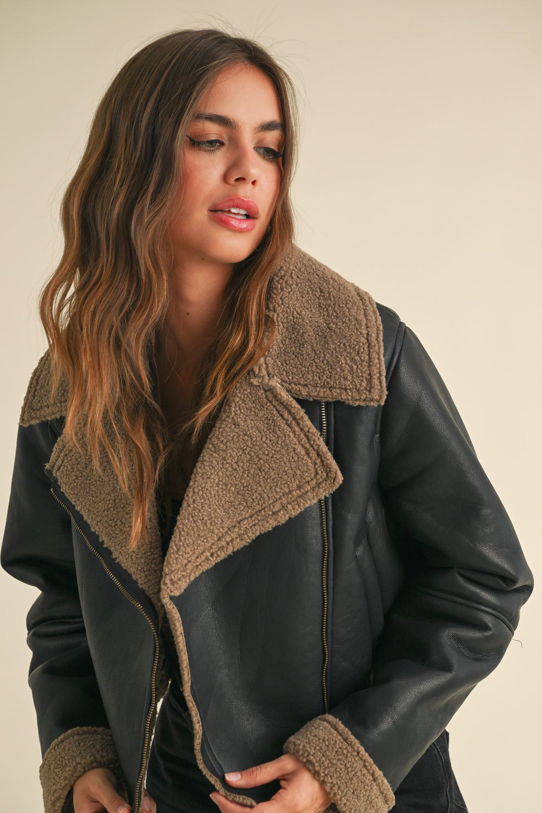 Faux Leather Sherpa Collar Jacket