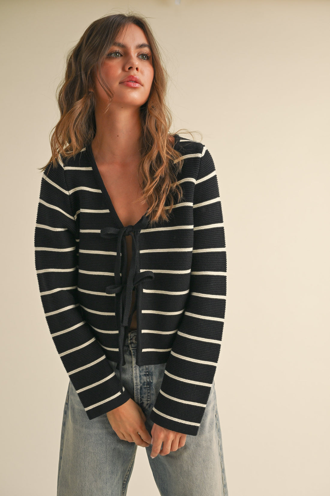 Striped Tie Front Knit Cardigan