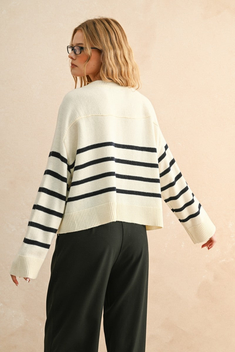 Relaxed Breton Stripe Button Cardigan