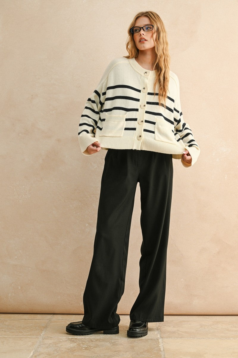 Relaxed Breton Stripe Button Cardigan