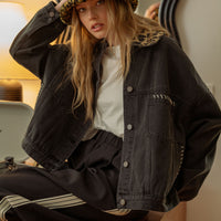 Oversized Black Denim Jacket with Leopard Print Collar