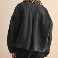 Oversized Black Denim Jacket with Leopard Print Collar