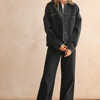 Oversized Black Denim Jacket with Leopard Print Collar