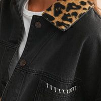 Oversized Black Denim Jacket with Leopard Print Collar