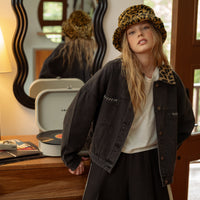 Oversized Black Denim Jacket with Leopard Print Collar