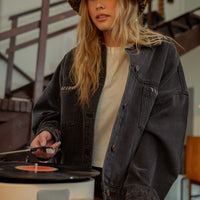 Oversized Black Denim Jacket with Leopard Print Collar