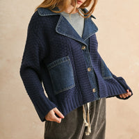 Denim Contrast Textured Knit Cardigan