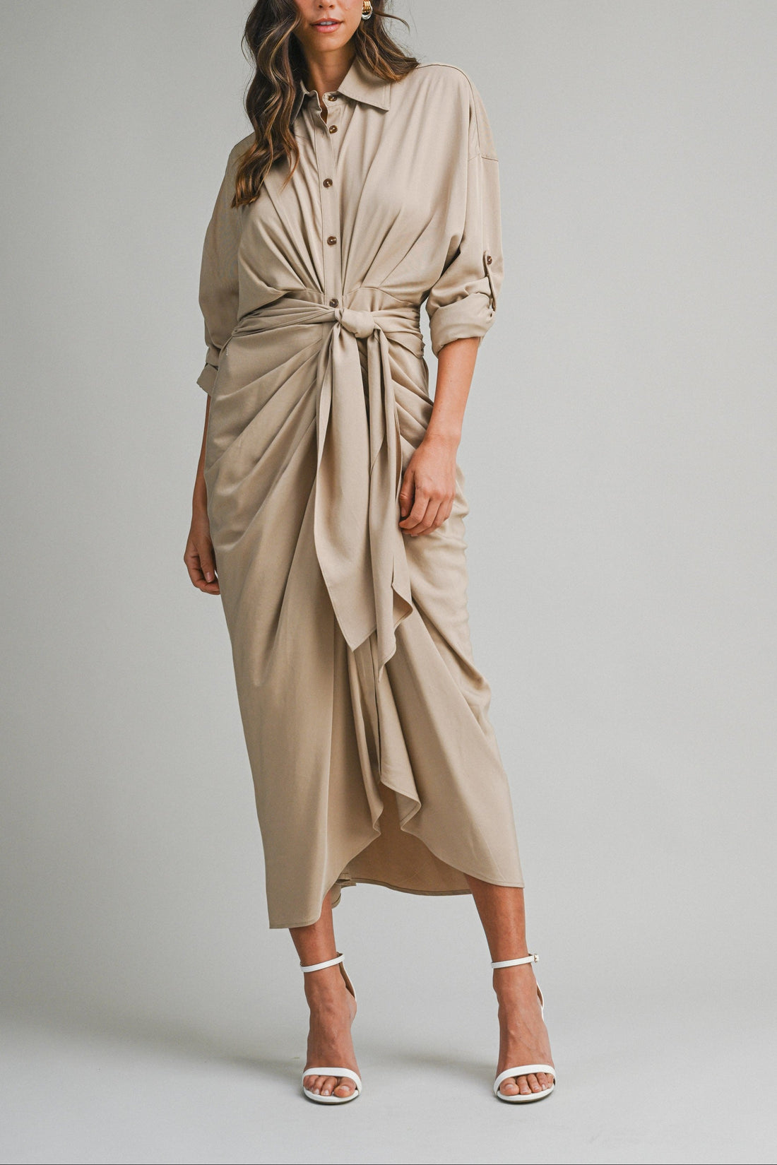 Tencel Ruched Front Tie Shirt Maxi Dress – Chocolate Brown