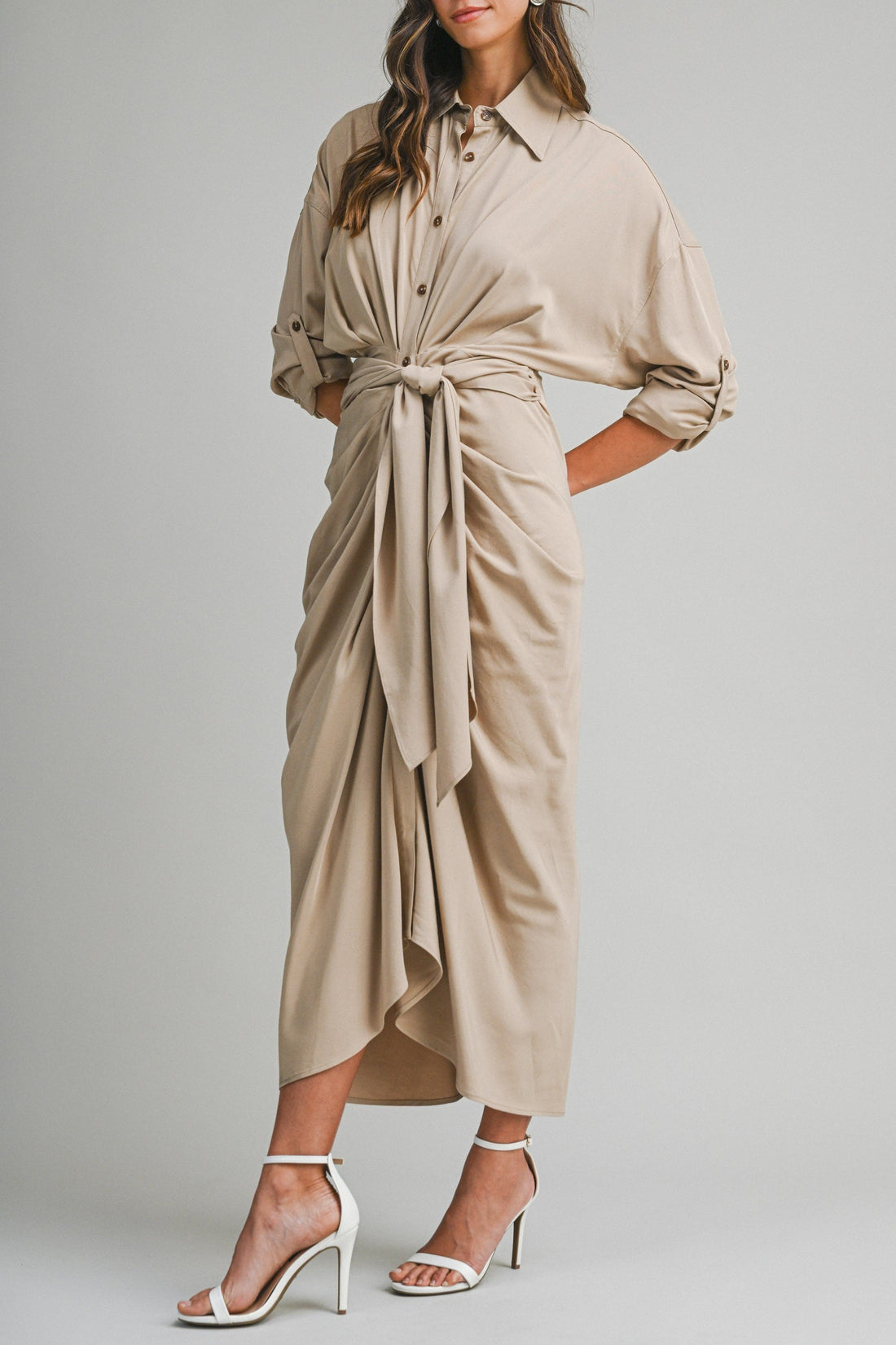 Tencel Ruched Front Tie Shirt Maxi Dress – Chocolate Brown