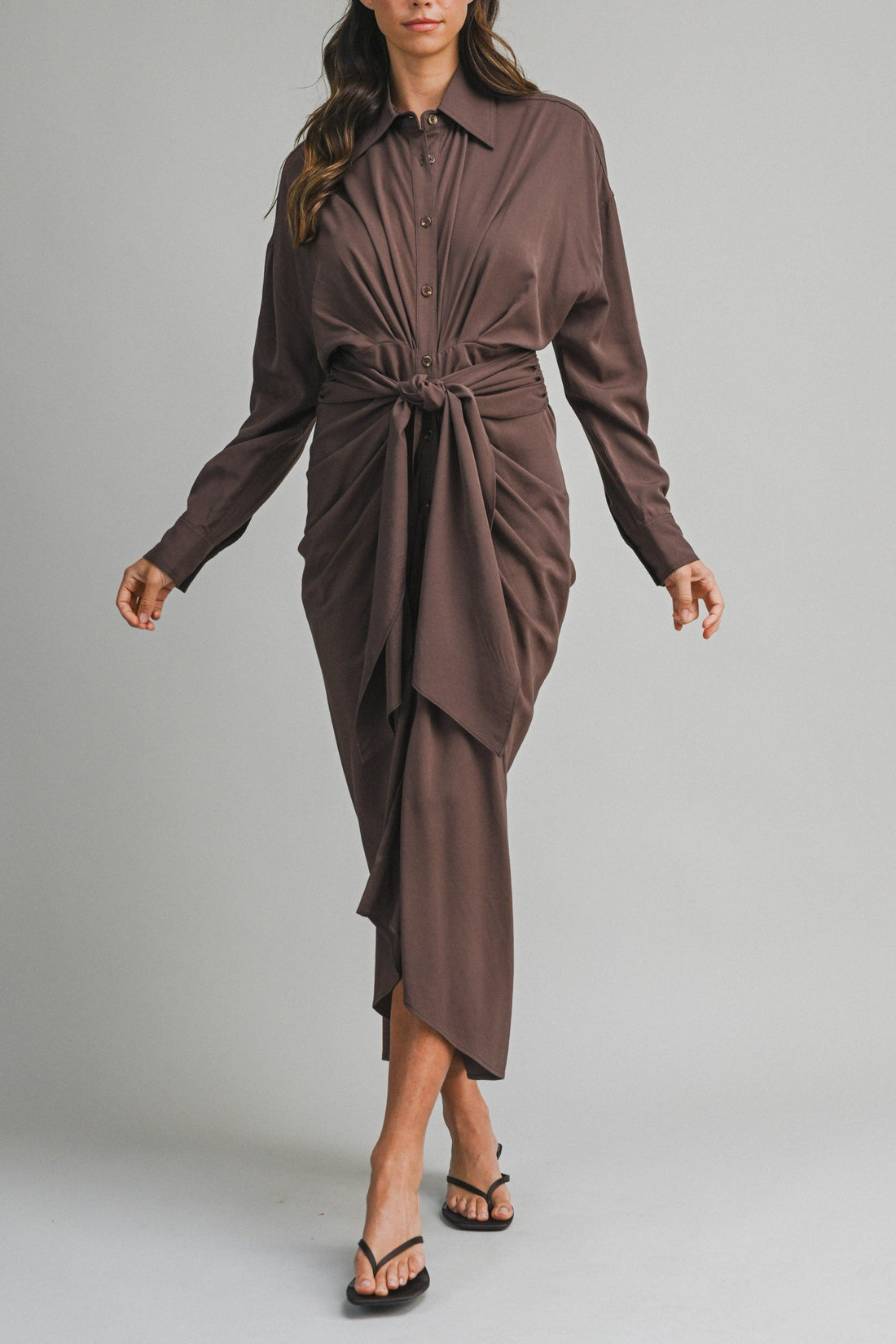 Tencel Ruched Front Tie Shirt Maxi Dress – Chocolate Brown