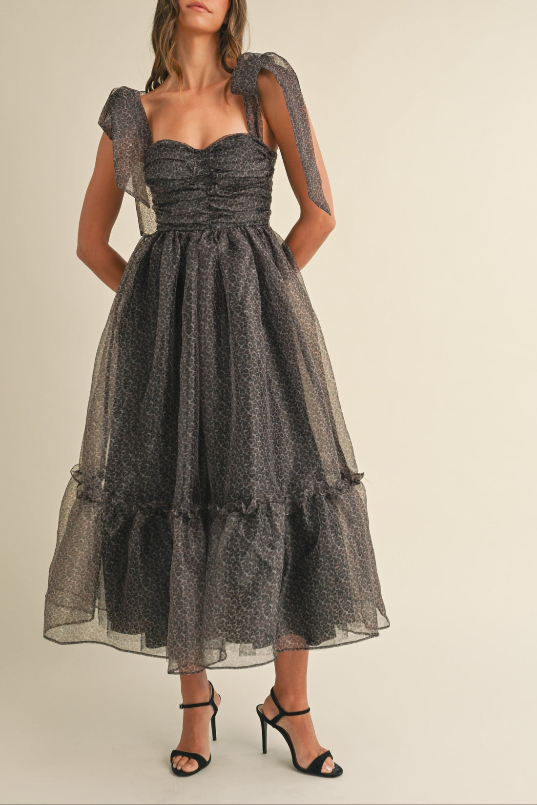 Leopard Print Tie Shoulder Organza Maxi Dress