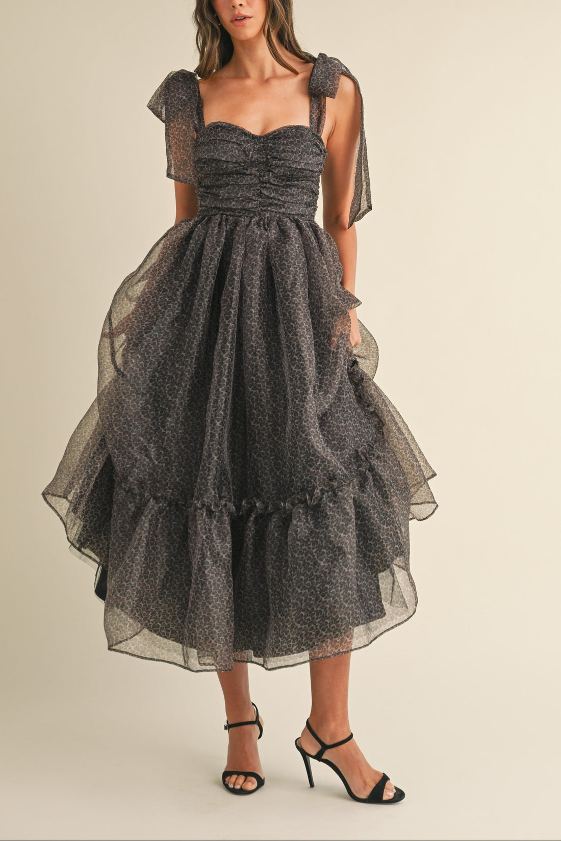 Leopard Print Tie Shoulder Organza Maxi Dress