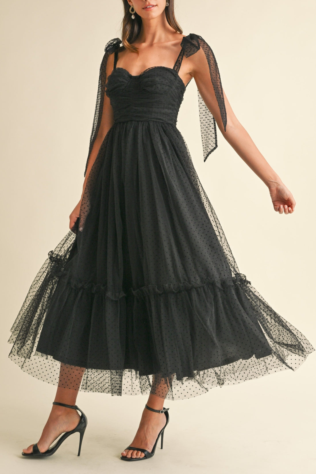 Polka Dot Mesh Tie Shoulder Midi Dress