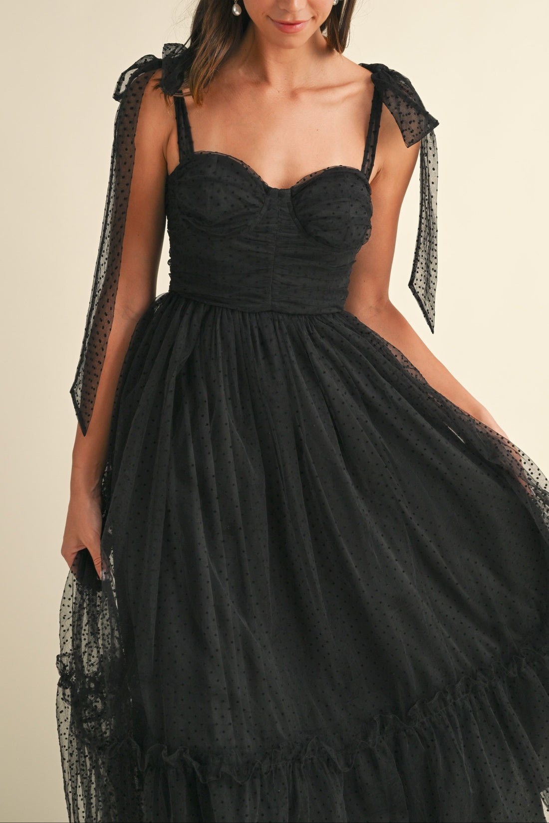 Polka Dot Mesh Tie Shoulder Midi Dress