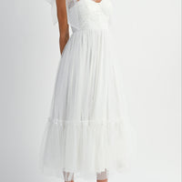 Polka Dot Mesh Tie Shoulder Midi Dress