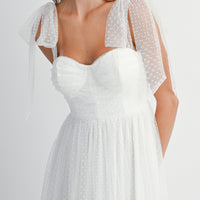 Polka Dot Mesh Tie Shoulder Midi Dress