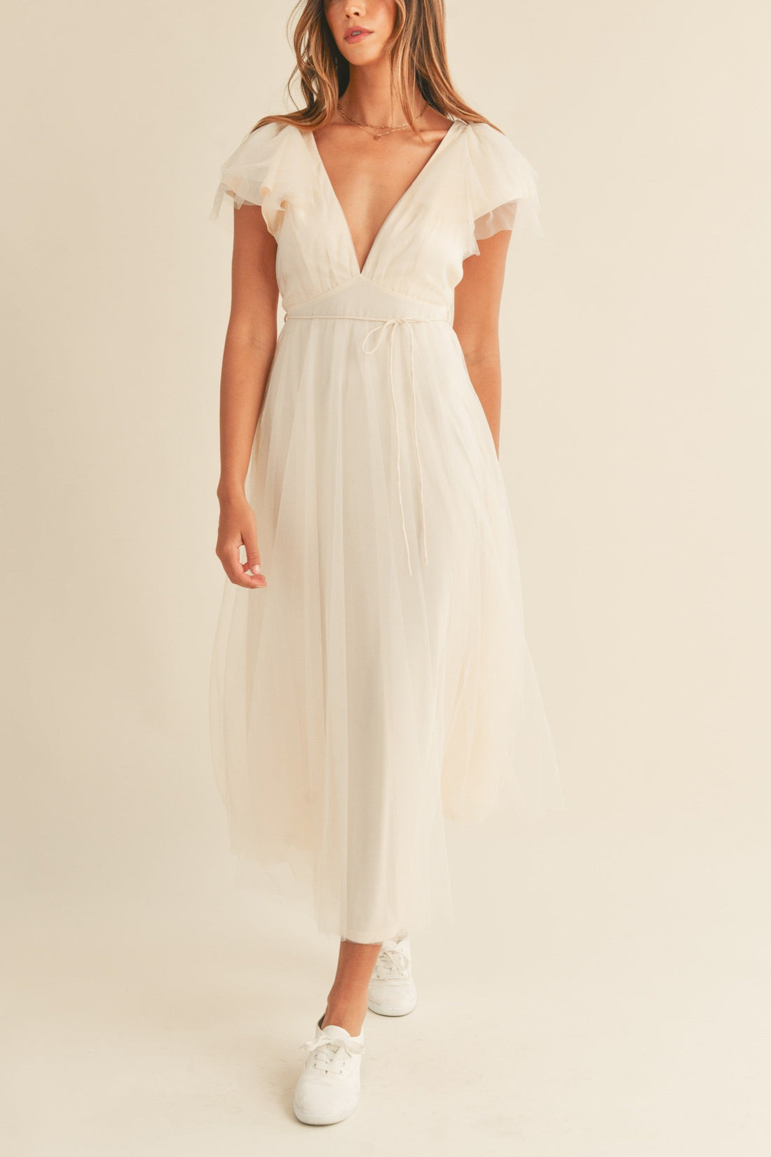 Tulle V neck Ruffle Sleeve Midi Dress