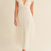 Tulle V neck Ruffle Sleeve Midi Dress