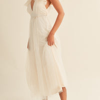 Tulle V neck Ruffle Sleeve Midi Dress