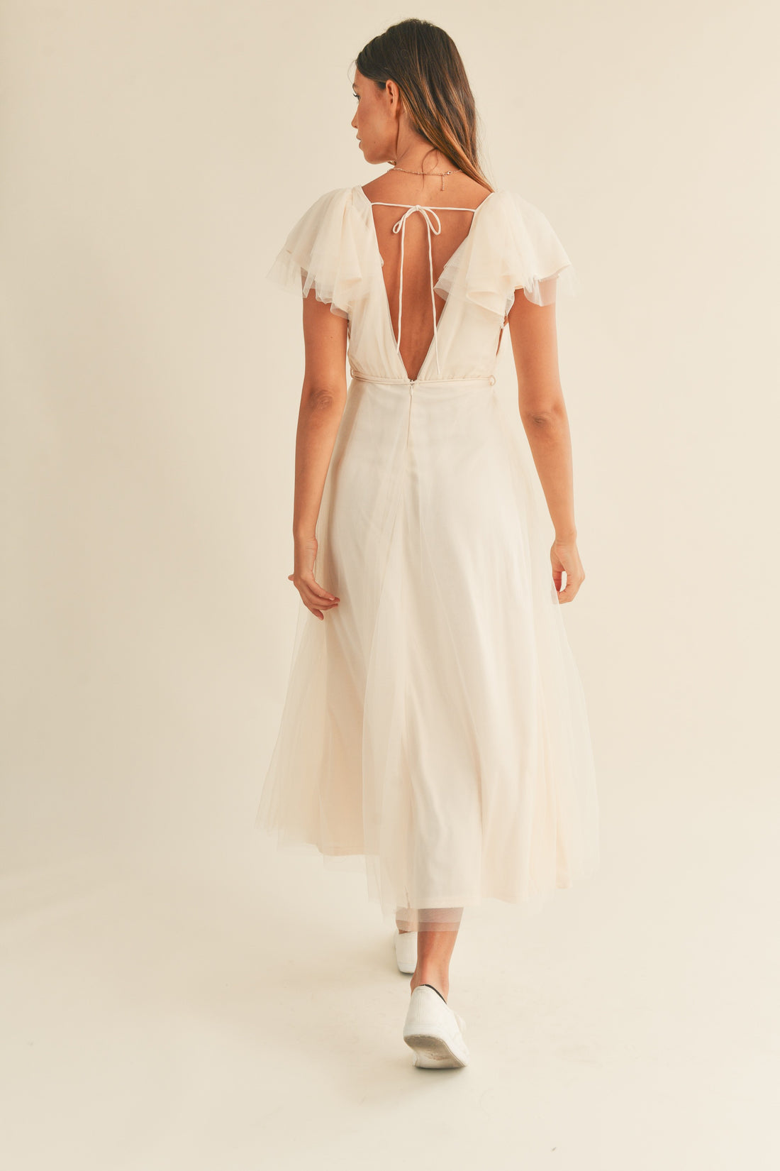 Tulle V neck Ruffle Sleeve Midi Dress