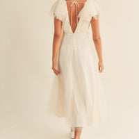 Tulle V neck Ruffle Sleeve Midi Dress