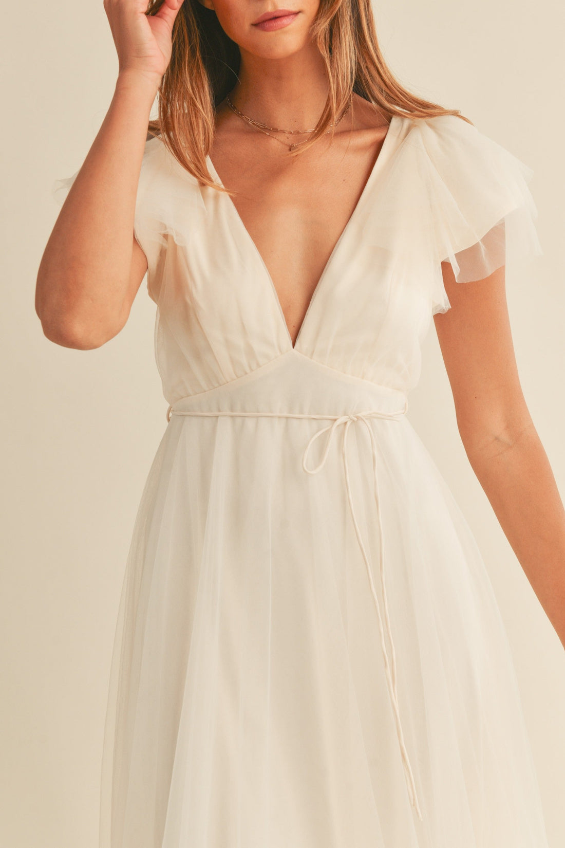 Tulle V neck Ruffle Sleeve Midi Dress