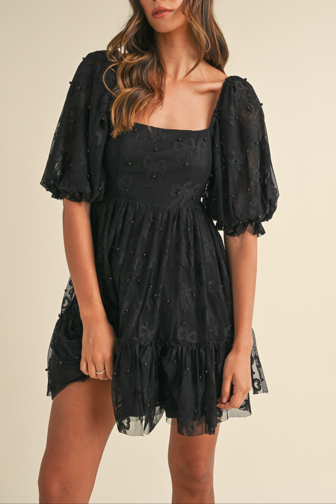 Jacquard Bow & Pearl Detail Mesh Dress