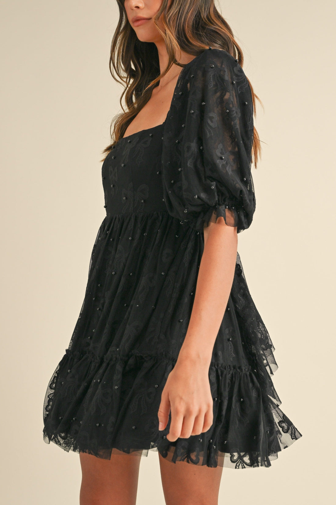 Jacquard Bow & Pearl Detail Mesh Dress