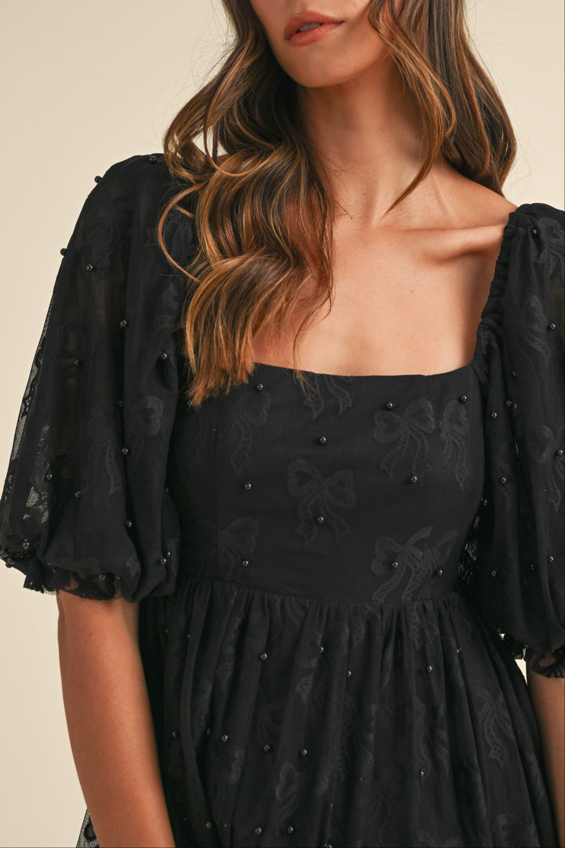 Jacquard Bow & Pearl Detail Mesh Dress