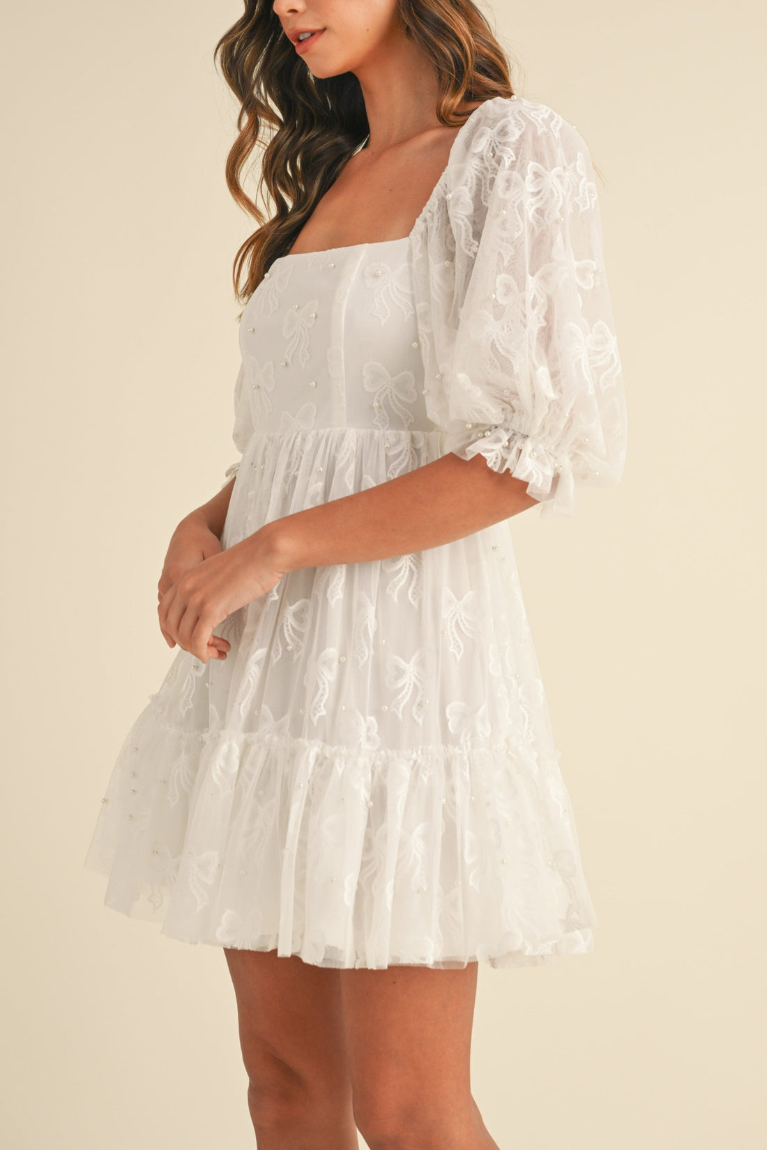 Jacquard Bow & Pearl Detail Mesh Dress