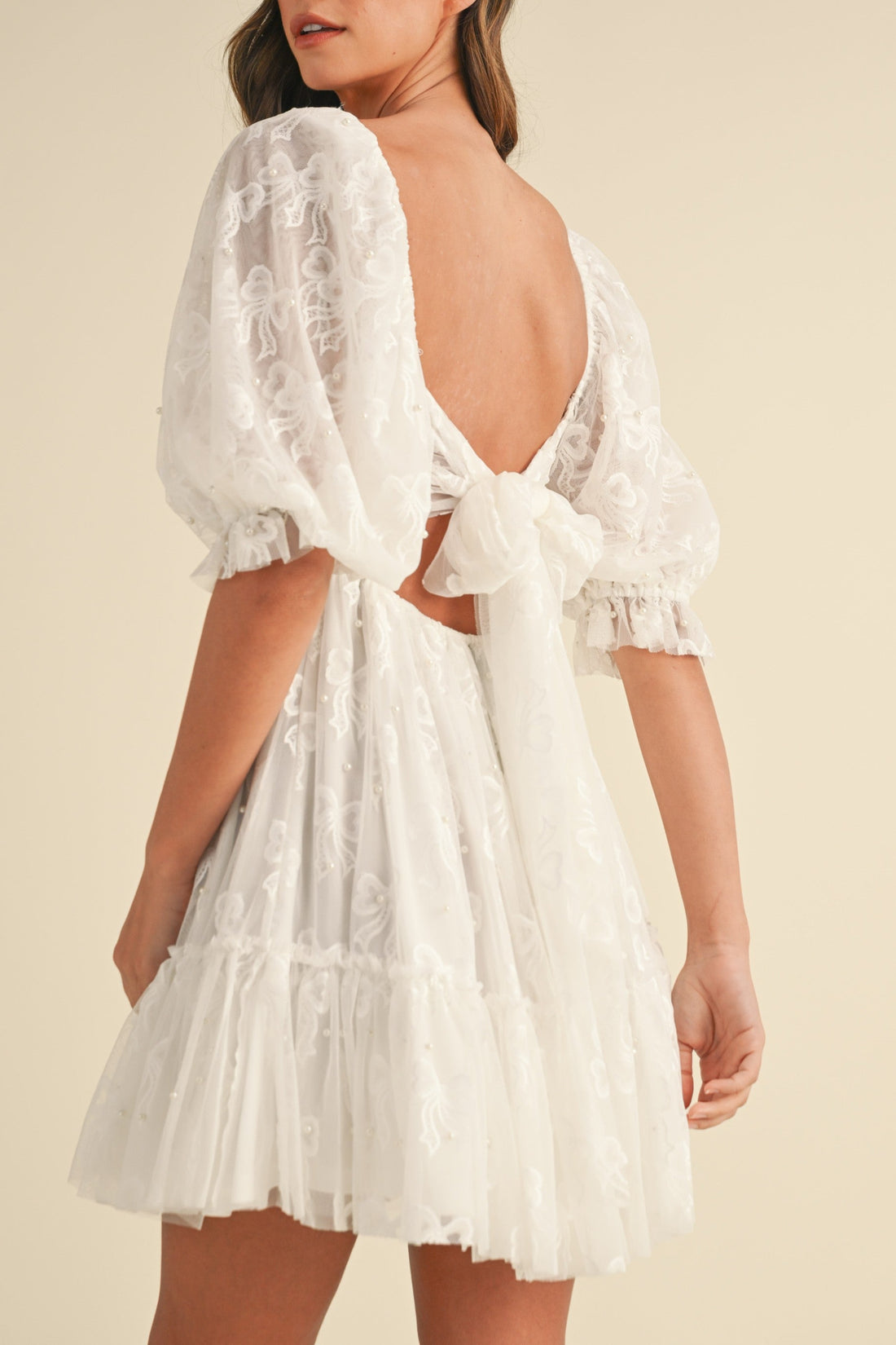 Jacquard Bow & Pearl Detail Mesh Dress