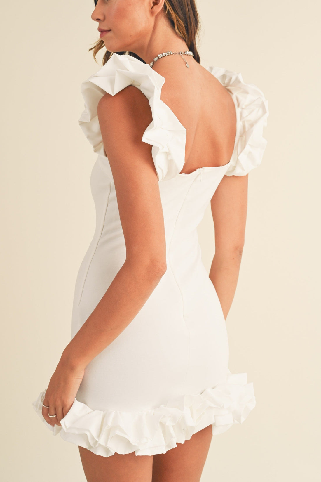 White Ruffle Detail Mini Bodycon Dress