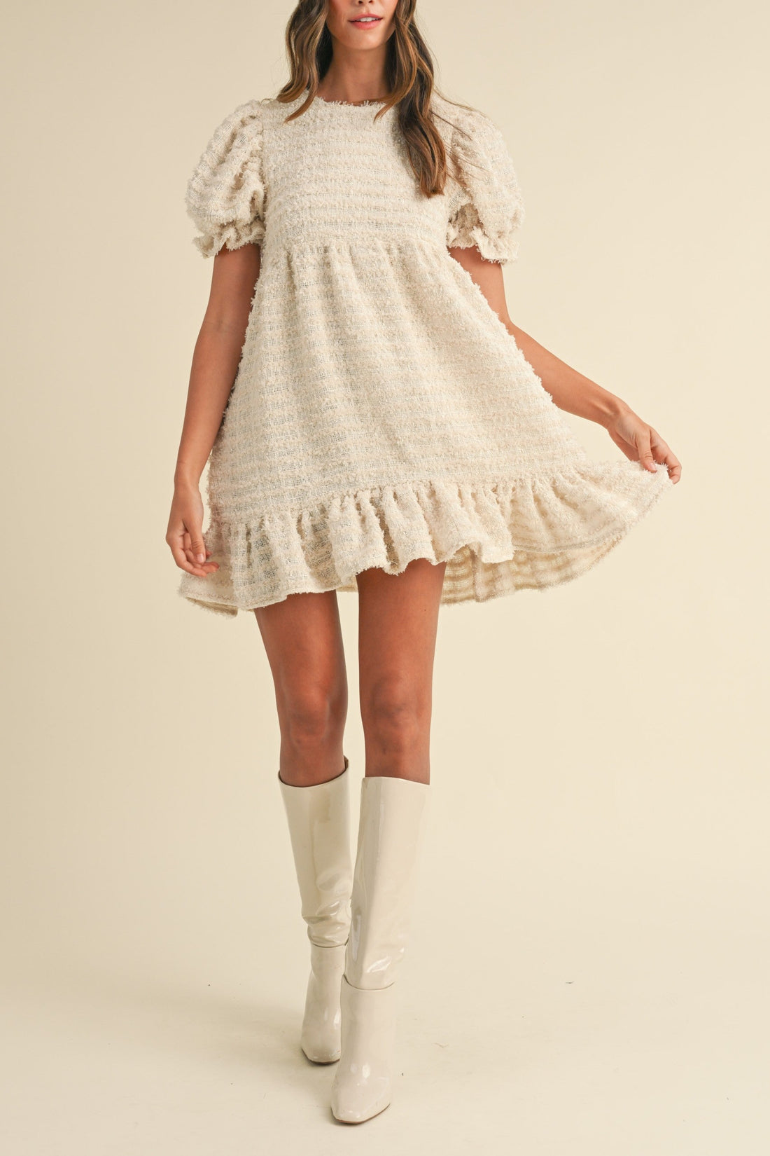 Soft Frayed Textured Babydoll Mini Dress