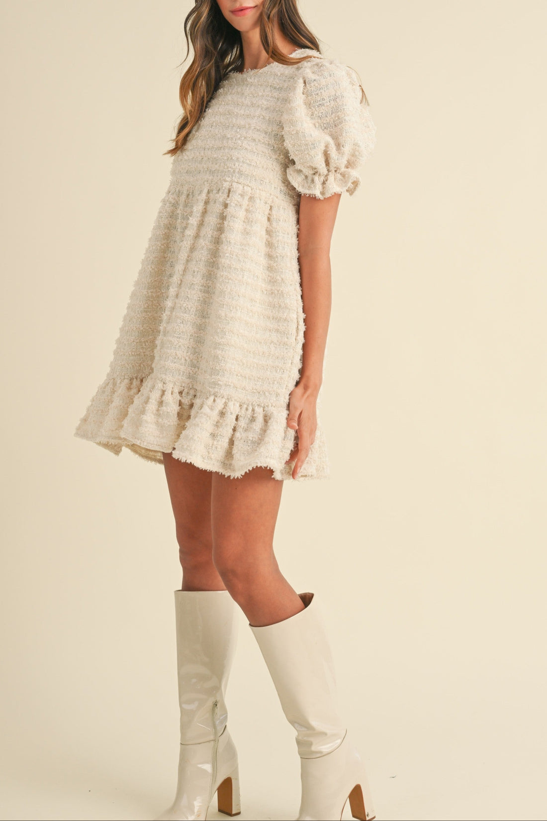 Soft Frayed Textured Babydoll Mini Dress