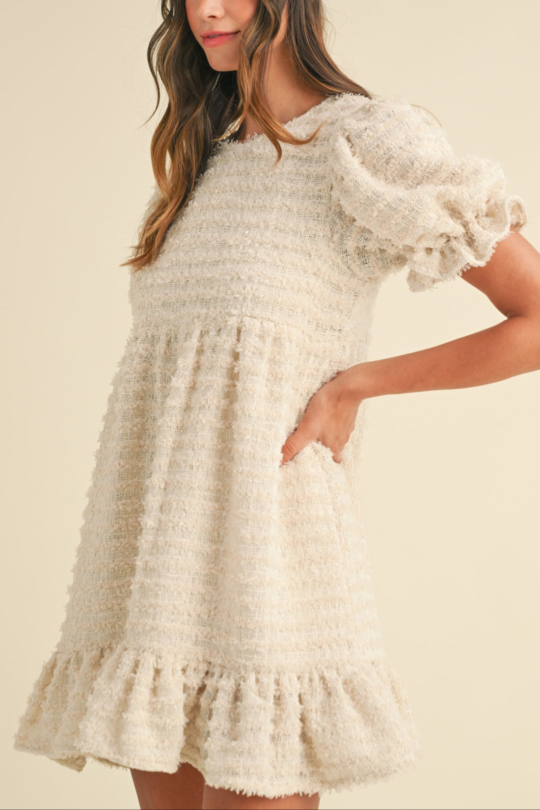 Soft Frayed Textured Babydoll Mini Dress
