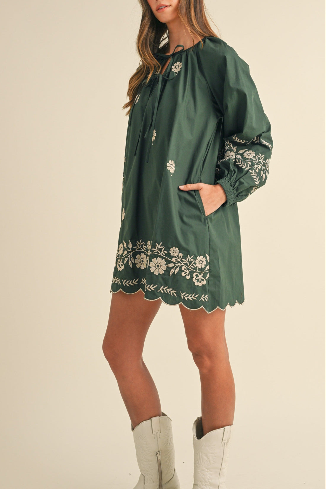 Embroidered Long Sleeves Shift Mini Dress