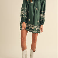Embroidered Long Sleeves Shift Mini Dress