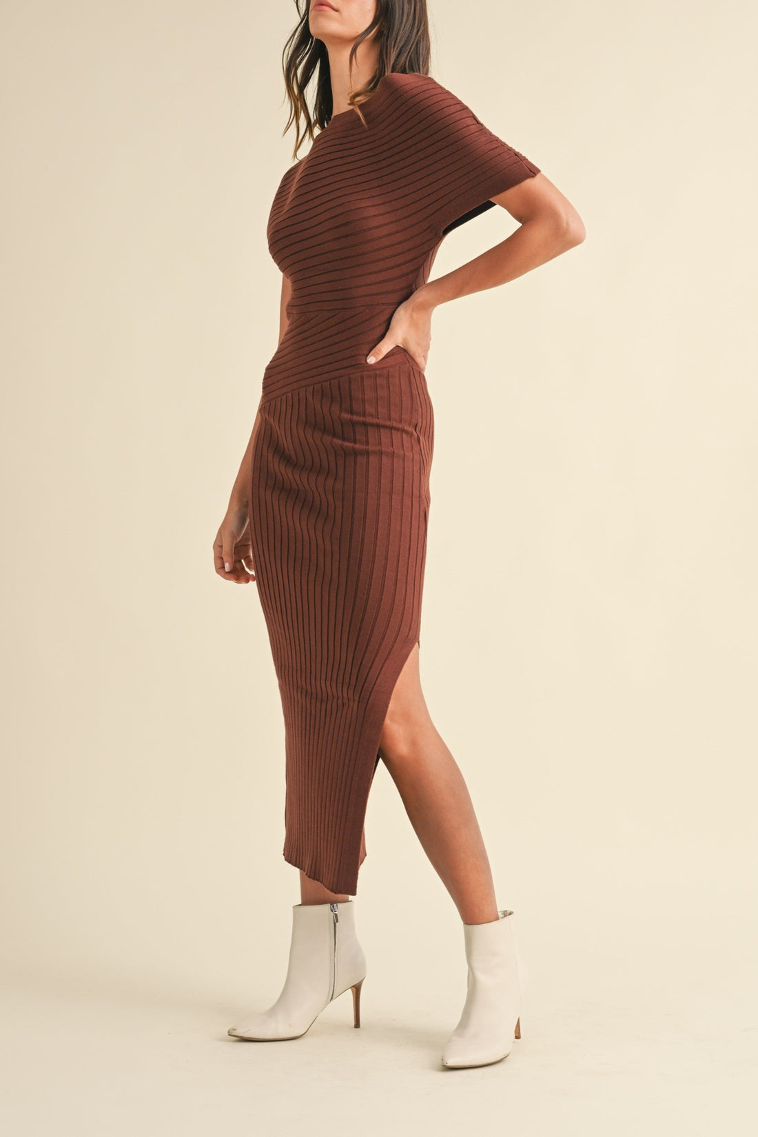 One Shoulder Ribbed Knit Midi Dress