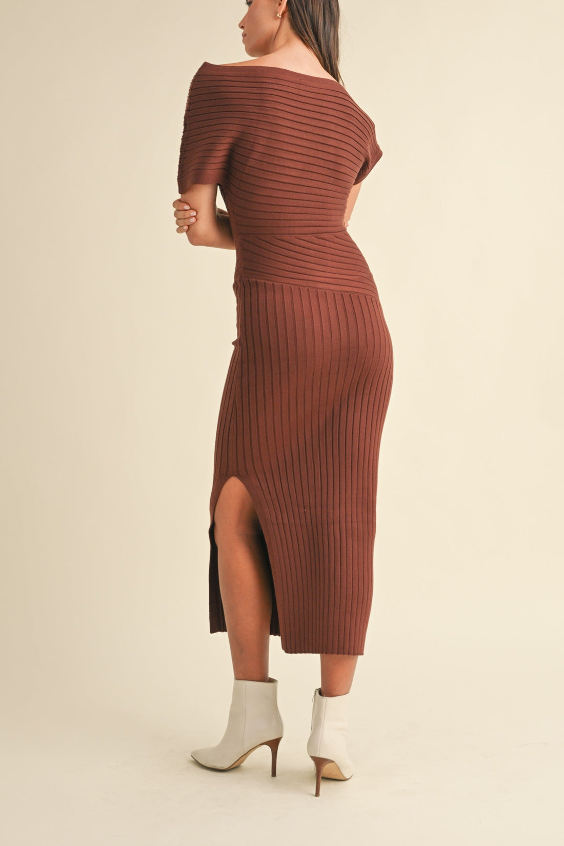 One Shoulder Ribbed Knit Midi Dress