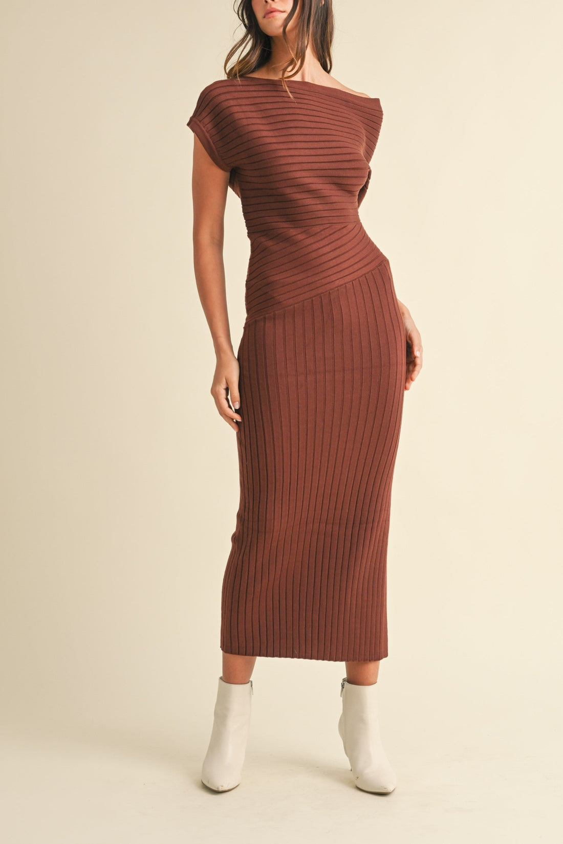 One Shoulder Ribbed Knit Midi Dress