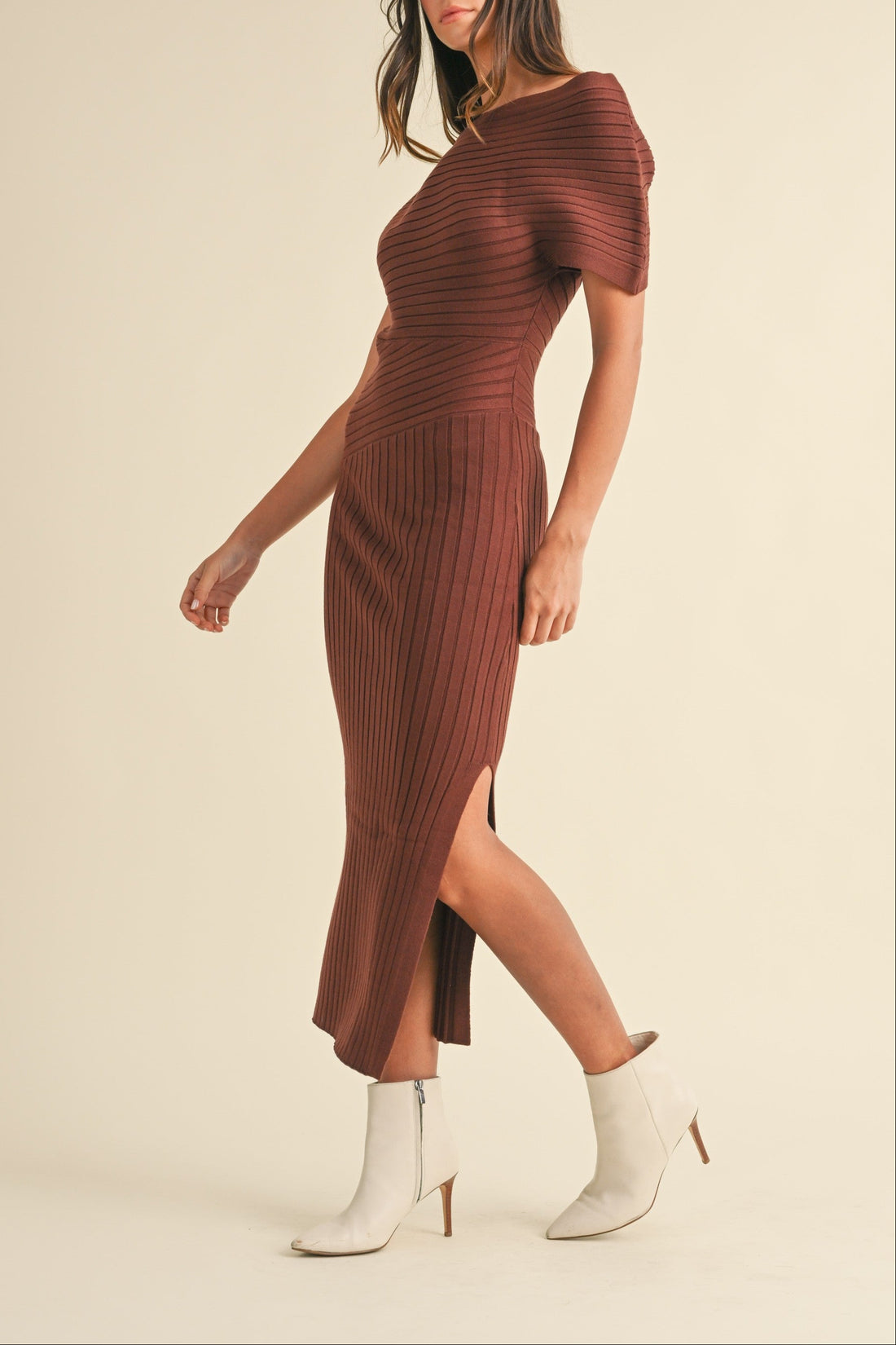 One Shoulder Ribbed Knit Midi Dress