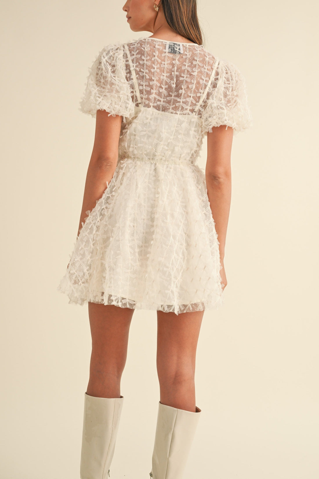 Textured Mesh Puff Sleeve Babydoll Dress
