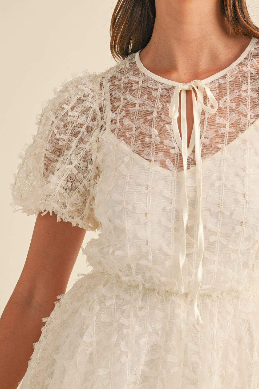 Textured Mesh Puff Sleeve Babydoll Dress