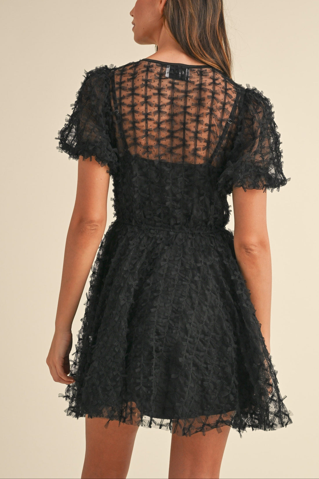 Textured Mesh Puff Sleeve Babydoll Dress