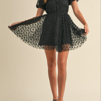 Textured Mesh Puff Sleeve Babydoll Dress