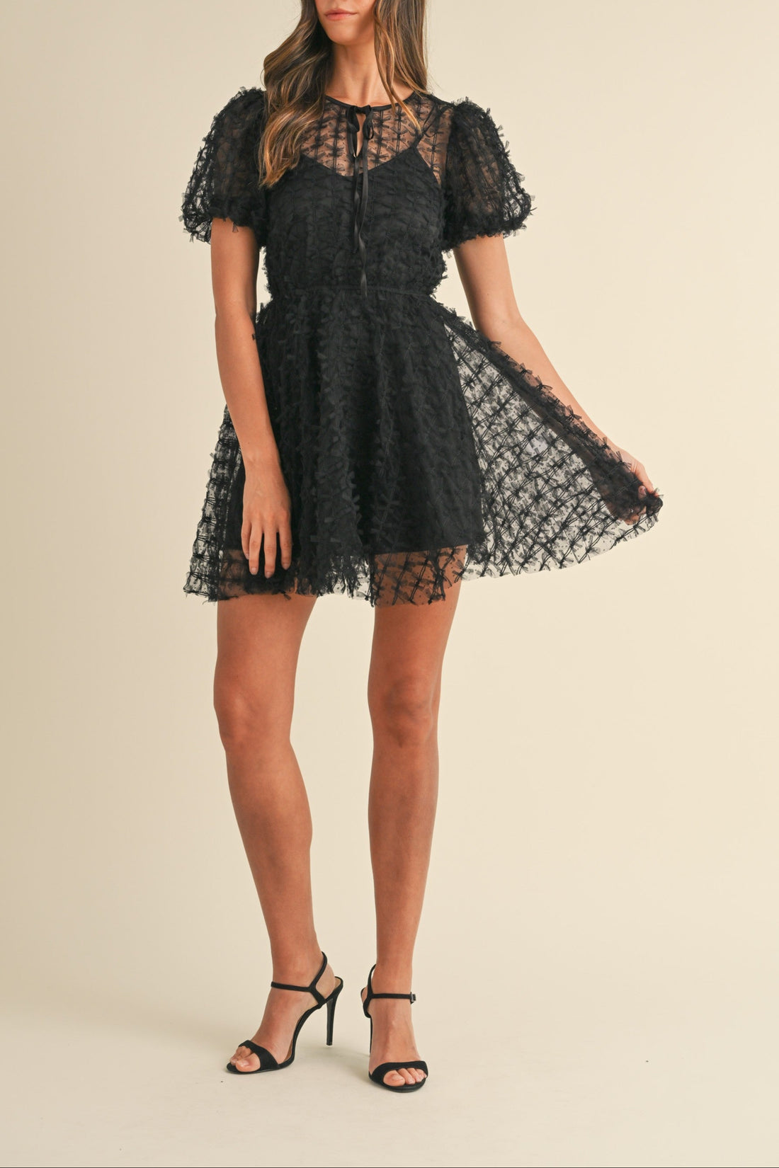 Textured Mesh Puff Sleeve Babydoll Dress