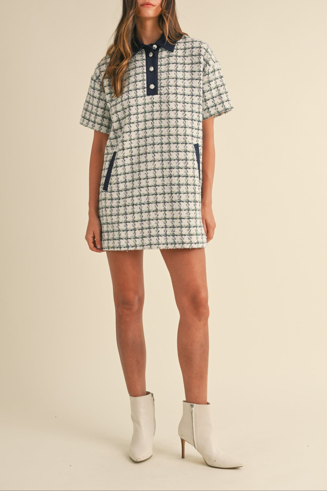 Collared Plaid Tweed Mini Dress