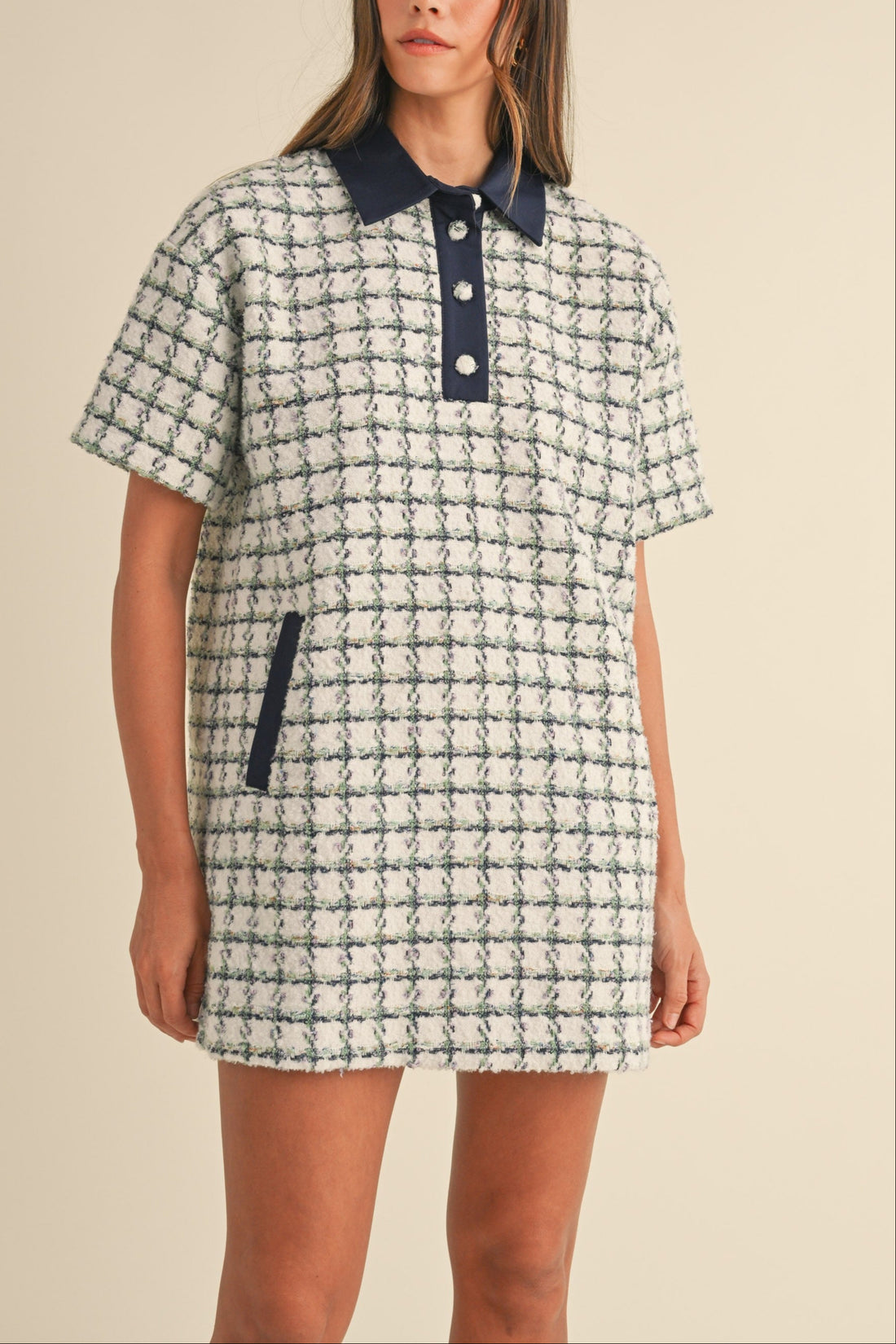 Collared Plaid Tweed Mini Dress
