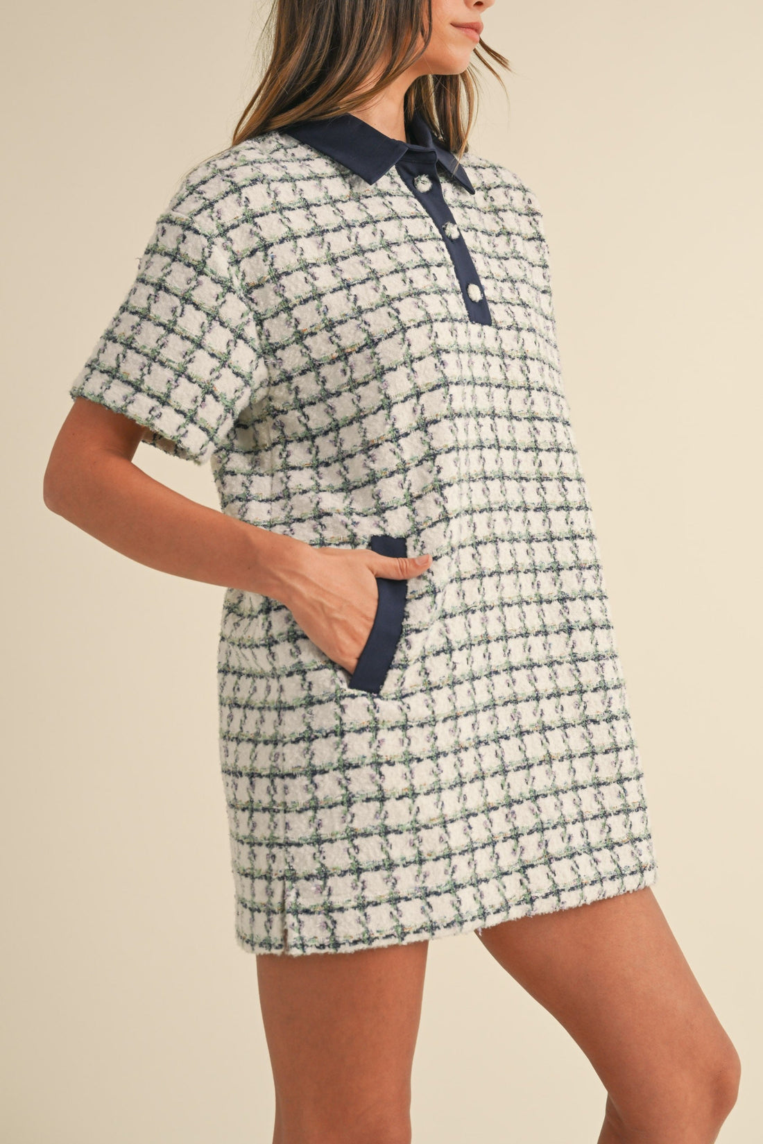 Collared Plaid Tweed Mini Dress